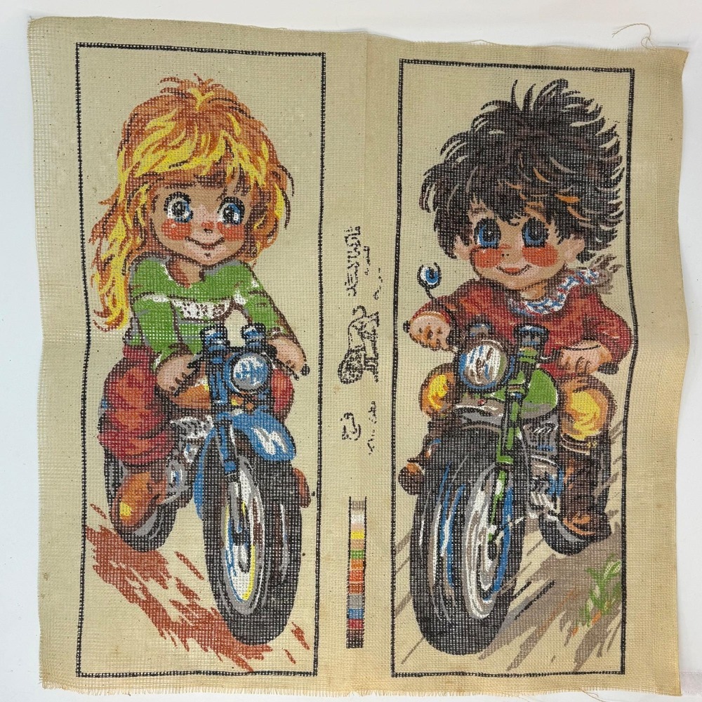 MCM Big Eyed Boy Girl Motorcycle Vtg Michel Thomas Embroidery Needlepoint Canvas